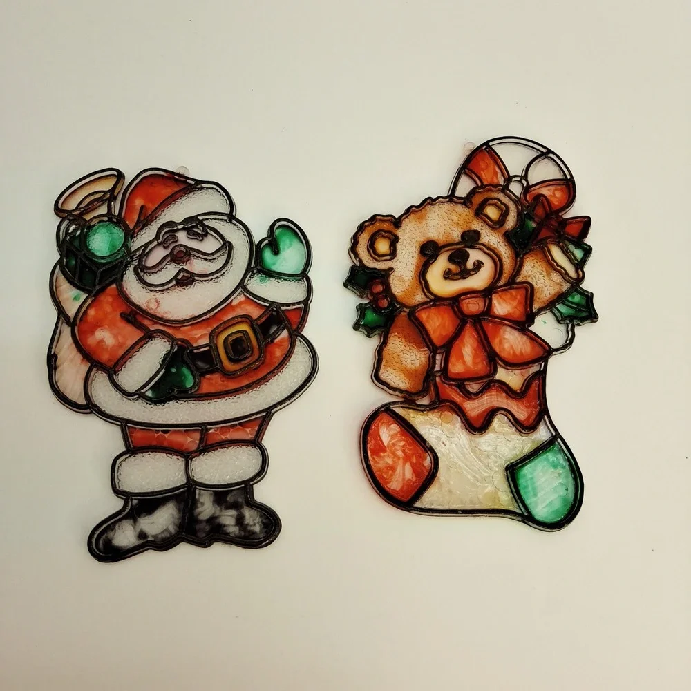 Vintage Plastic Suncatcher Christmas Ornaments Santa Claus Teddy Bear n Stocking